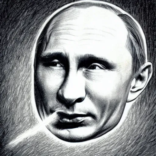 Image similar to vladimir putin's face in a nuclear mushroom cloud, cartoonish, ultra detailed pencil drawing