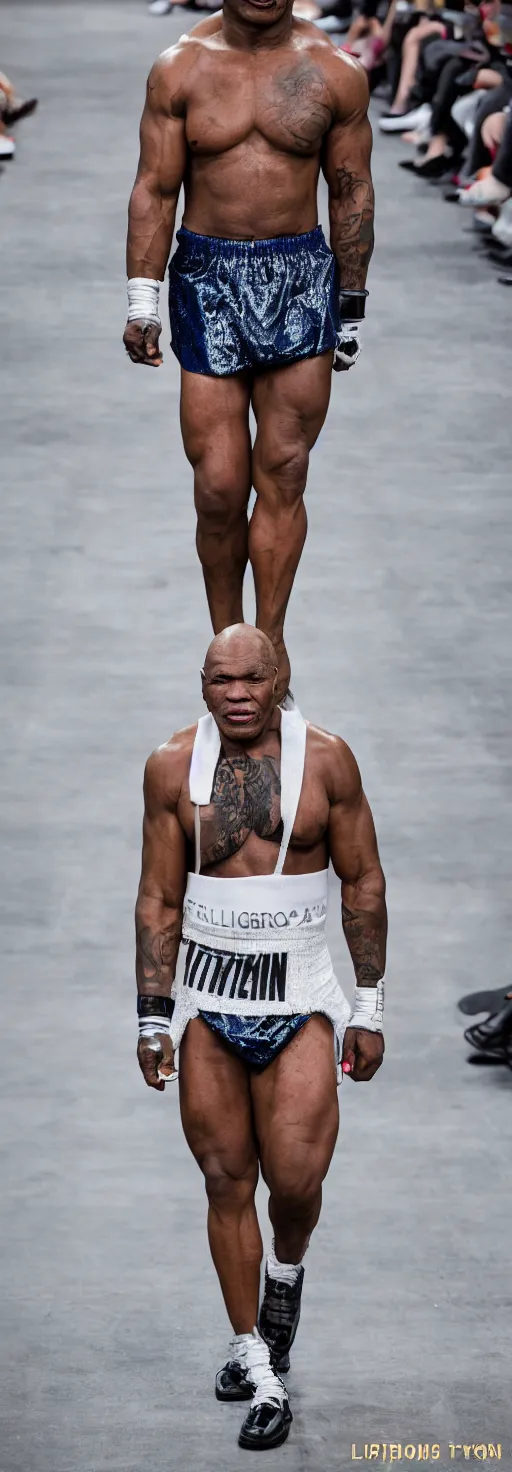 Image similar to hyperrealistic and heavy detailed 2321s runway show of mike tyson , Leica SL2 50mm, vivid color, high quality, high textured