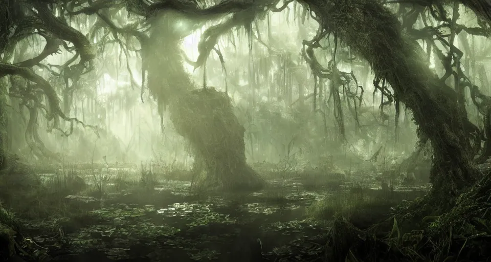 Prompt: A dense and dark enchanted forest with a swamp, by CGSociety