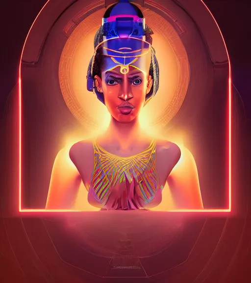 Image similar to symmetry!! egyptian princess of technology, solid cube of light, hard edges, product render retro - futuristic poster scifi, lasers and neon circuits, brown skin woman egyptian princess, intricate, elegant, highly detailed, digital painting, artstation, concept art, smooth, sharp focus, illustration, dreamlike, art by artgerm