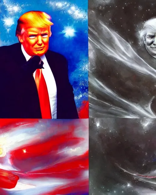 Image similar to donald trump with a subtle smirky smile painted by drew struzan, intrincate background, clear highly detailed, beautiful sci fi art