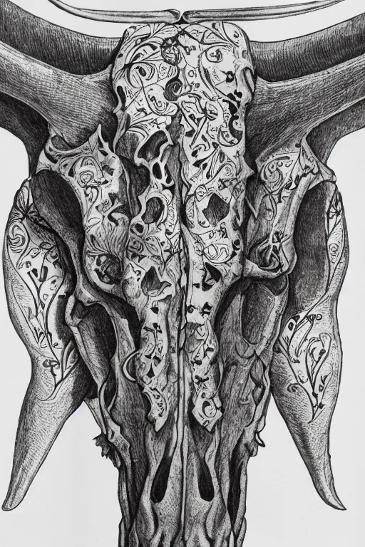 Image similar to Portrait of a Texas Longhorn Skull, with skull bone ornately carved with delicate patterns, tritone, mixed media, fine linework, pen and ink, symmetry