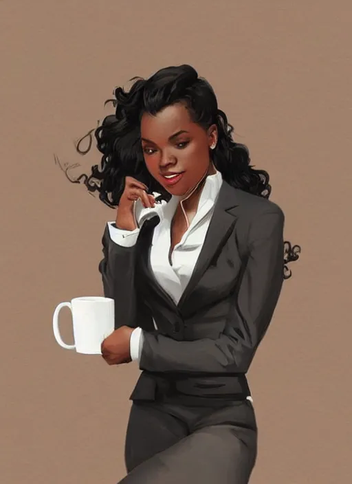 Image similar to detailed digital painting of beautiful black woman in corporate attire holding a cell phone and steaming coffee mug, fanart behance trending on artstation, concept art, matte, sharp focus, illustration, corner office background, art by artgerm and greg rutkowski and alphonse mucha