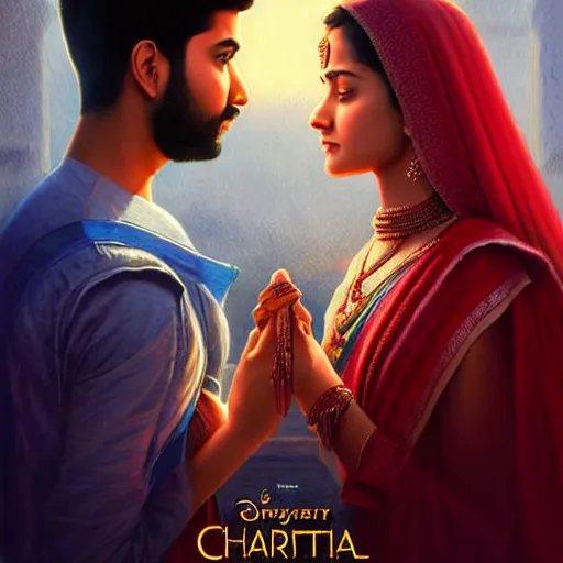 Image similar to perfectly centered movie promotional poster photograph of a young indian guy and a beautiful girl side profile faces symmetrical ; real life portrait, ultra realistic, concept art, intricate details, eerie, highly detailed, photorealistic, octane render, 8 k, unreal engine ; romantic theme, two lovers sharing one heart ; art by artgerm, greg rutkowski, charlie bowater