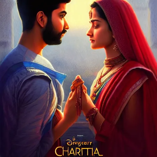 Prompt: perfectly centered movie promotional poster photograph of a young indian guy and a beautiful girl side profile faces symmetrical ; real life portrait, ultra realistic, concept art, intricate details, eerie, highly detailed, photorealistic, octane render, 8 k, unreal engine ; romantic theme, two lovers sharing one heart ; art by artgerm, greg rutkowski, charlie bowater