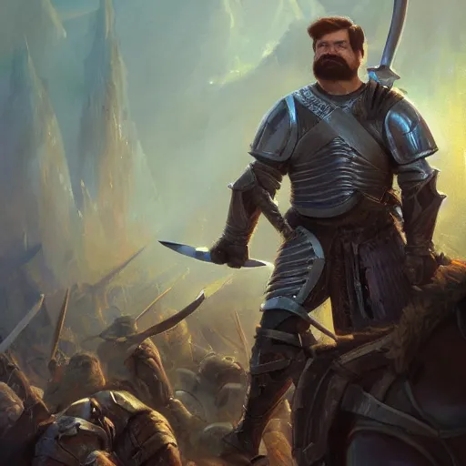 Image similar to ron swanson in medieval plate armor holding a greatsword standing on top of piles of slain enemy footsoldiers, epic fanart, volumetric lighting, oil painting, highly detailed, wide view, sharp focus, painting by daniel gerhartz, alphonse murac, detailed art, artstation