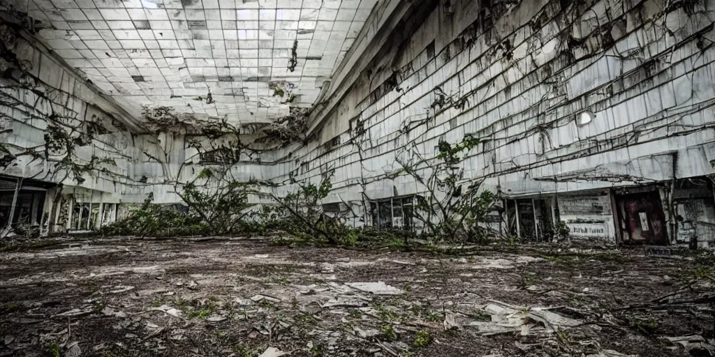 Image similar to overgrown and worn - down abandoned mall at night, award - winning anime scene