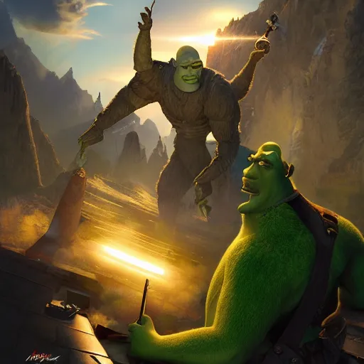 Image similar to shrek fighting against muscular senator armstrong on a helipad, metal gear, radiating a glowing aura global illumination ray tracing hdr fanart arstation, intricate, highly detailed, digital painting, artstation, concept art, character art, smooth, sharp focus, illustration, art by artgerm and greg rutkowski and alphonse mucha