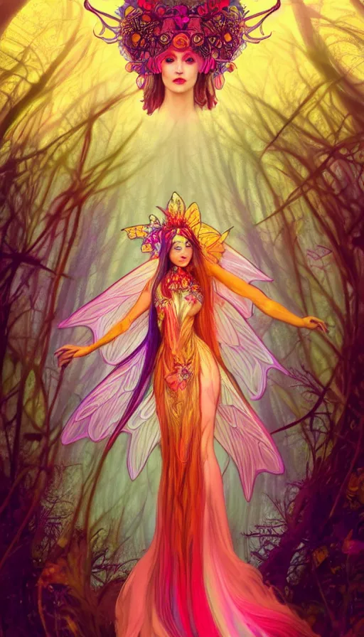 Image similar to a colorful and stunningly beautiful female faerie priestess in amanita muscaria forest landscape, symmetrical wings on back, neon hair, fantasy art, wearing a dress of gossamer gold, dark light night, sharp focus, digital painting, 4 k, concept art, art by charlie bowater and alphonse mucha, brom, face by otto schmidt