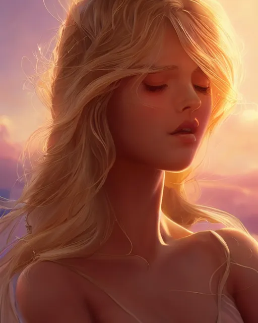 Image similar to summer vibes, beautiful sun tanned goddess, flowy golden hair, sun, summer, cinematic lighting, highly detailed, digital painting, trending on artstation, pixiv, concept art, sharp focus, illustration, art by ross tran and wlop