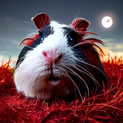 Prompt: guinea pig looking up at the night sky, realistic photo, menacing and threatening atmosphere, moonlight, red grass, red sky