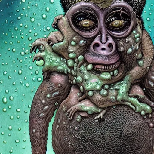 Image similar to measles on a deformed hideous pustule covered monkey, sores, bumps, skin wounds, surface hives, growths, horror, fantasy, highly detailed, by Dan Hillier, ooze, slime, in background nebula of bacteriophages