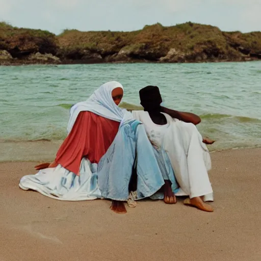 Image similar to friends in somalia, writing poetry, vintage, studio ghibli, nature, beach, beautiful, happy, dreamy, pastel