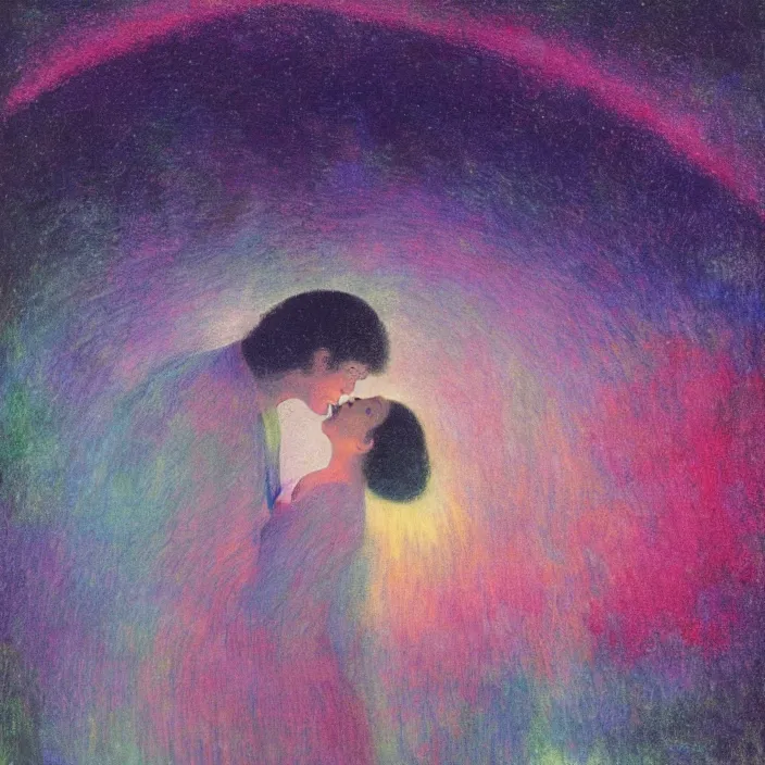 Image similar to close portrait of woman and man kissing. aurora borealis. iridescent, vivid psychedelic colors. painting by bosch, agnes pelton, utamaro, monet