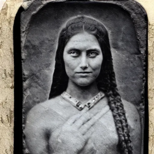 Image similar to Ancient Sumer, Sumerian woman, 2600 BC, tintype photograph, Sumerian town, Ancient photograph