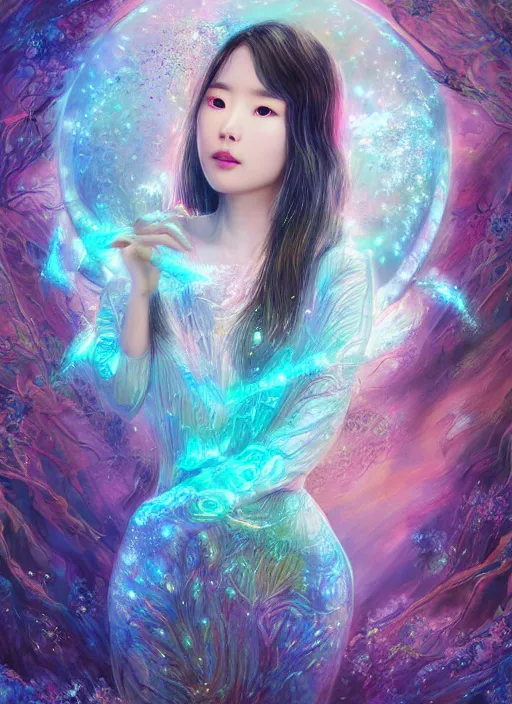 Image similar to portrait of IU Lee Ji-Eun as a Celestial Goddess of a futuristic pearlescent holographic, inside future fighter, sci-fi, fantasy, intricate, lush garden spaceship with sakura season flowers in Kyoto Japan, elegant, human anatomy, royal green and nature light, highly detailed, digital painting, artstation, concept art, smooth, sharp focus, illustration, art by tian zi and WLOP and alphonse mucha, masterpiece, 3d blender