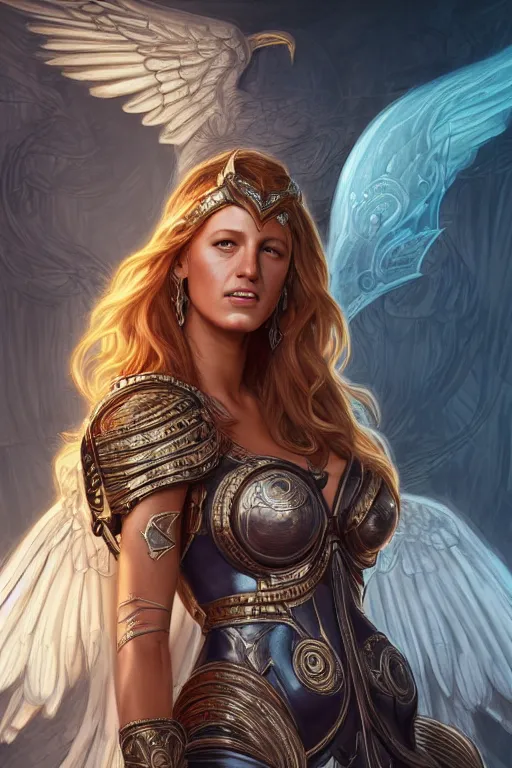 Image similar to ultra realistic illustration, blake lively as athena from baldurs gate and diablo, intricate, elegant, highly detailed, digital painting, artstation, concept art, smooth, sharp focus, illustration, art by artgerm and greg rutkowski and alphonse mucha