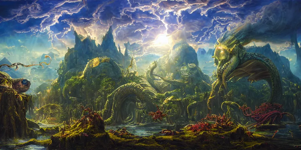 Image similar to fantasy oil painting, great leviathan, cybernetic turtle cephalopod terrapin reptilian pachyderm squid, bella hadid, hybrid, milla jovovich, anubis, epic natural light, lush plants flowers, spectacular mountains, bright clouds, luminous sky, outer worlds, golden hour, michael cheval, edward hopper, michael whelan, vray, hd