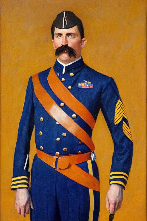 Prompt: full body portrait of the dictator of the oklahoma city thunder, 1 8 8 9, in full military garb, thunder blue, sunset, navy blue and yellow, oil on canvas by william sidney mount, trending on artstation