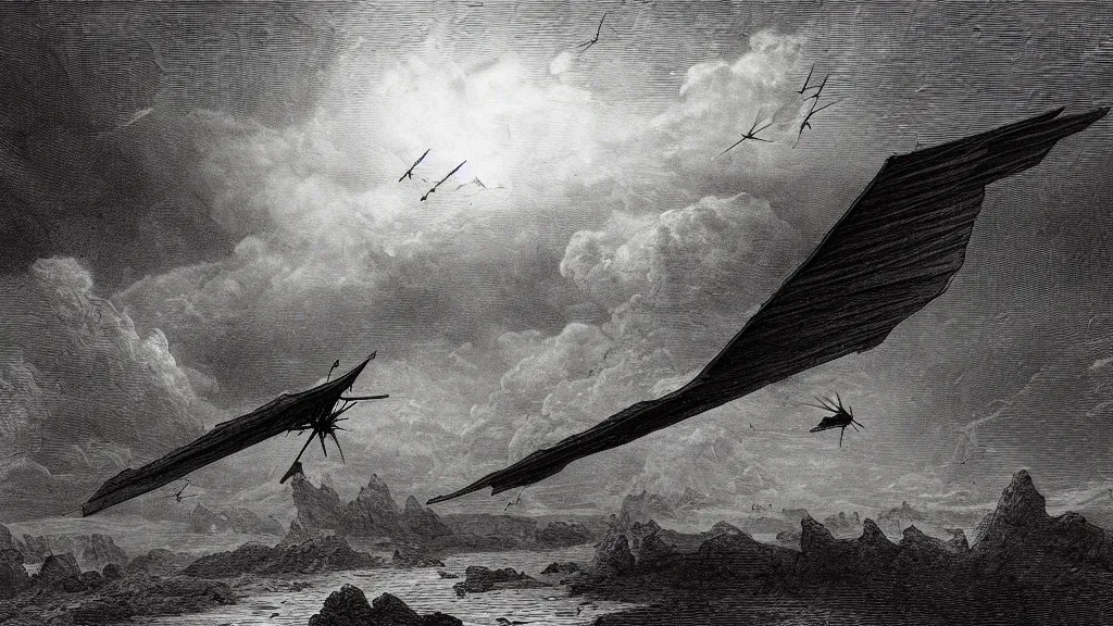 Image similar to drawing of an ornithopter flying toward a desert storm, by gustave dore, nineteenth century, black and white, vintage, science fiction, epic composition, dramatic lighting, highly detailed, cinematic