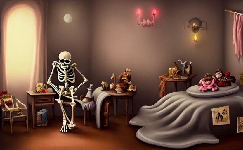 Image similar to matte oil painting of a skeleton dressed in pajamas and nightcaps and robes and slippers inside of a dim bedroom that is full of knickknacks and toys, sleepy, cozy, warm