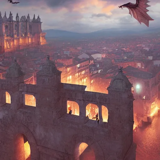 Image similar to the monumental city of caceres with dragons flying over it, dramatic lighting, cinematic, extremly high detail, photorealistic, cinematic lighting, post processed, concept art, artstation, matte painting, style by greg rutkowsky