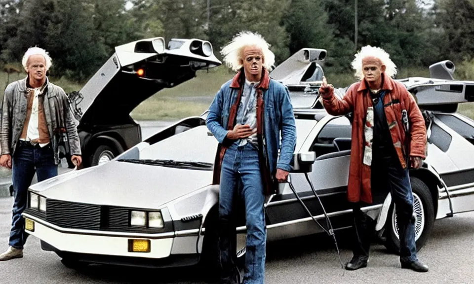 Prompt: scene from back to the future, doc brown and marty mcfly standing in front of the delorean