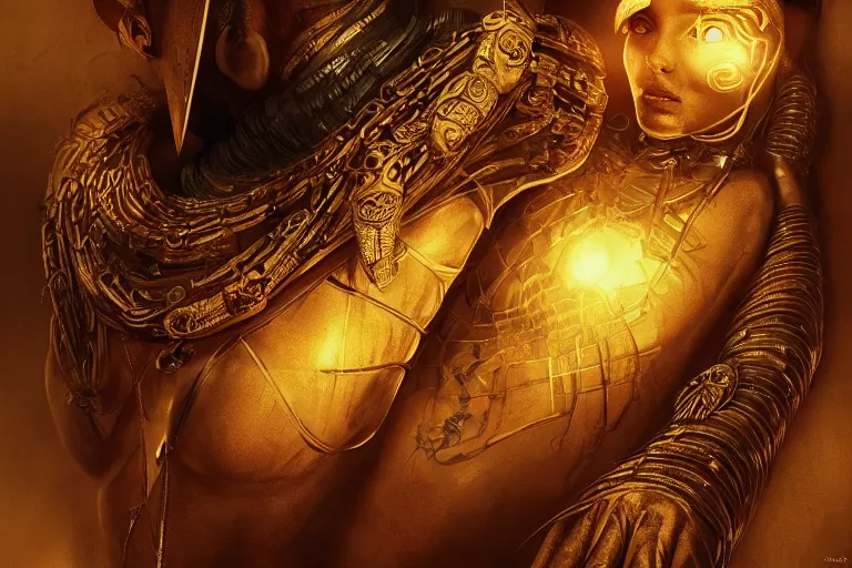 Prompt: ancient mummy surrounded by golden scarabs with intricate patterns, concept art, digital illustration, trending on artstation, deviantart, artgerm, epic composition, masterpiece, highly detailed, advanced technique, ambient lighting, wlop, ross draws