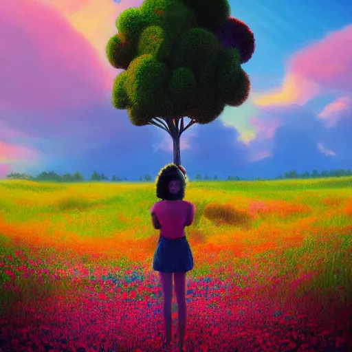 Image similar to afro made of colorful flowers, full body, girl standing in the middle of a field with flowers, surreal photography, hills, big trees, sunrise dramatic light, impressionist painting, colorful clouds, digital painting, pointillism, artstation, simon stalenhag