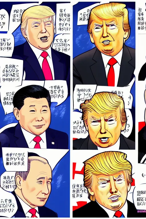 Image similar to joe biden and donald trump and vladimir putin and xi jinping manga, color, best scene, studio ghibli, chibi style, by katsuhiro otomo and hiroya oku and makoto yukimura