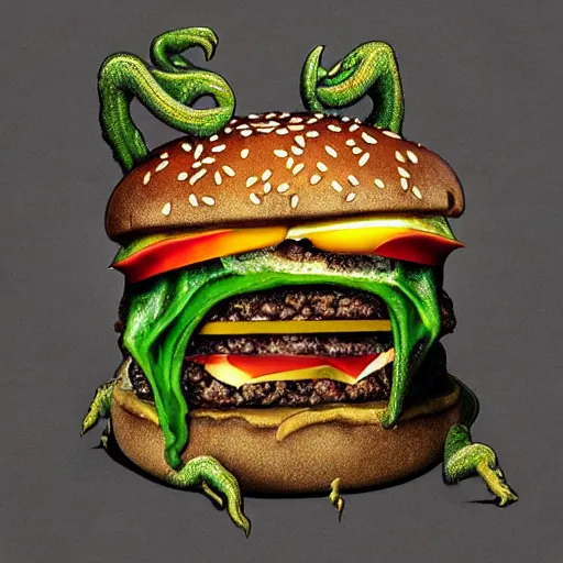 Prompt: Cthulhu eating a cheeseburger, photo realistic, award-winning, highly-detailed, epic, cinematic, dramatic