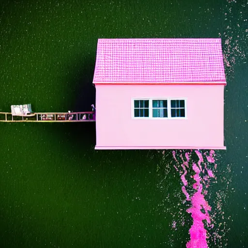 Prompt: dream a 5 0 mm lens photograph of a cute pink floating modern house, floating in the air between clouds, inspired by the movie up, held up from above by heart ballons. mist, playful composition canon, nikon, award winning, photo of the year