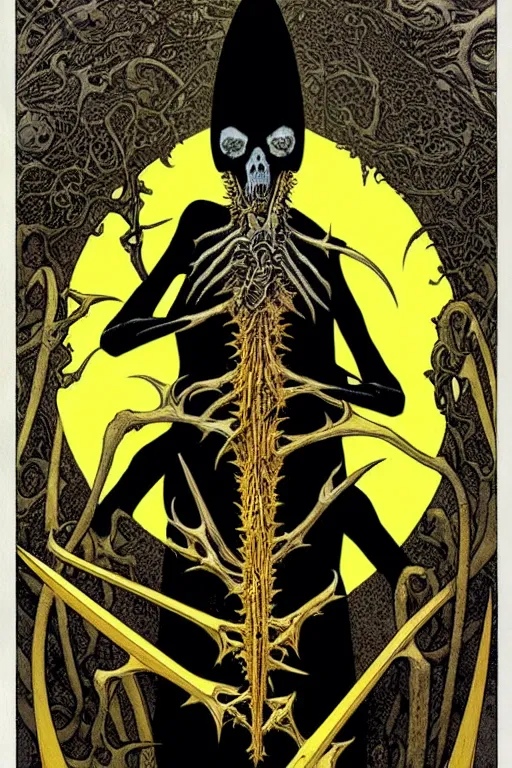 Image similar to black and yellow flat color, mucha, richard corben, wayne barlowe, moebius, heavy metal comic cover art, psychedelic triangular skeletal calcification fungus lich in darkiron spike armor, full body, hollow eyes, symmetrical face, long black crown, in a dungeon background, moody dark colors