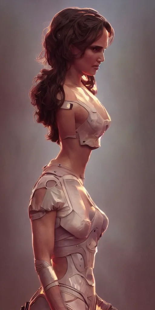 Image similar to full body portrait of Natalie Portman, looking at camera, intricate, dystopian, sci-fi, extremely detailed, digital painting, artstation, concept art, smooth, sharp focus, illustration, intimidating lighting, incredible art by artgerm and greg rutkowski and alphonse mucha and simon stalenhag