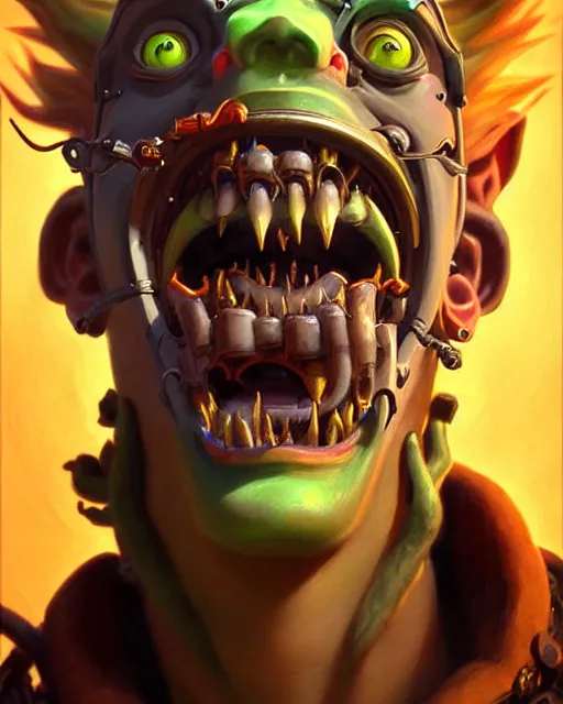 Image similar to junkrat from overwatch, mouth closed, fantasy, fantasy art, fantasy, colorful, elegant, character portrait, portrait, close up, highly detailed, intricate detail, amazing detail, sharp focus, vintage fantasy art, vintage sci - fi art, radiant light, caustics, by boris vallejo