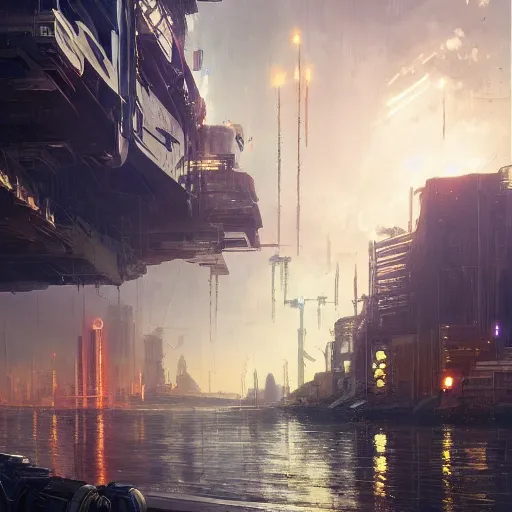 Prompt: a Stunning painting of A cyberpunk city on the sea by Annibale Siconolfi and greg rutkowski,epic lighting,beautiful sky,hyper detailed,Realistic,8K Resolution