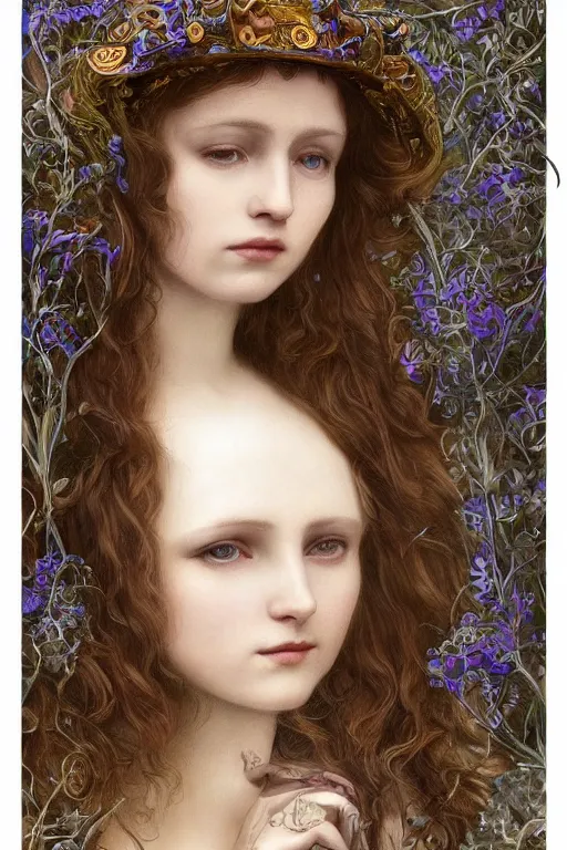 Image similar to An extremely beautiful pre-raphaelite ornate portrait of a very beautiful witch, surreal, ultradetailed, intricate, elegant, digital art painting, concept art, smooth, sharp focus, magazine art cover illustration, regal, award winning picture, extremely detailed masterpiece, sense of awe, featured on Artstation, Artgerm, ethereal bubbles, Aetherpunk, atmospheric lightning, Exquisite floral details, 8K detail post-processing, oil painting