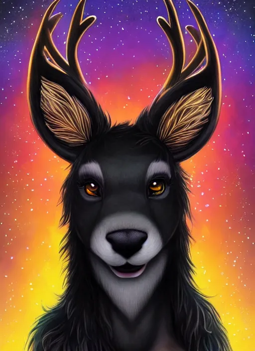 Image similar to award winning beautiful portrait commission of a male furry anthro Black Reindeer fursona with a tail, wings, wings, wings and a cute beautiful attractive detailed furry face wearing stylish black and rainbow galaxy clothes, outline, in a city at night while it rains. Character design by charlie bowater, ross tran, artgerm, and makoto shinkai, detailed, inked, western comic book art