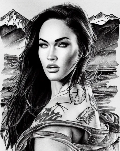 Image similar to realism tattoo design sketch of megan fox with beautiful mountain scenery, in the style of dan mountford, double exposure effect, hyper realistic, amazing detail, black and white