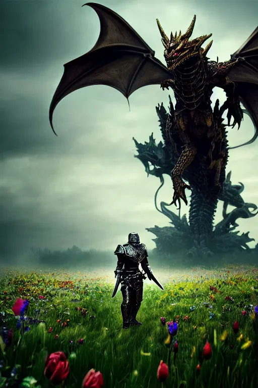 Image similar to hyperrealistic neo - gothic cinematic armored dragon holding sword in a field of flowers, highly detailed video game concept art masterpiece, vitaly bulgarov dramatic low light, ground angle uhd 8 k, sharp focus