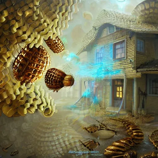 Prompt: a house made out of honeycombs and bubbles, a hyperrealistic painting by krzysztof boguszewski, cgsociety contest winner, fantasy art, made of insects, fractalism, tesseract