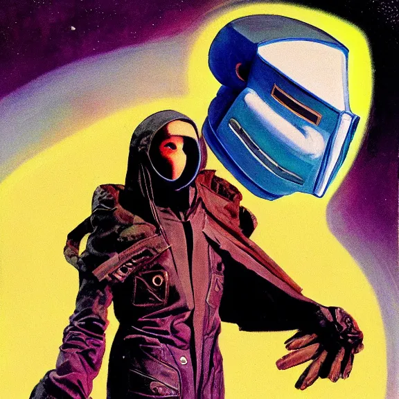 Prompt: illustration of model in plastic space mask wearing baggy colorful 9 0 s rick owens jacket by frank frazetta. movie poster.