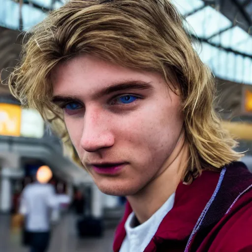 Image similar to a beautiful young, blond male, long hair, fair skin, bright blue eyes, smiling without showing his teeth, in the middle of kings cross station, impressionist, 4 k