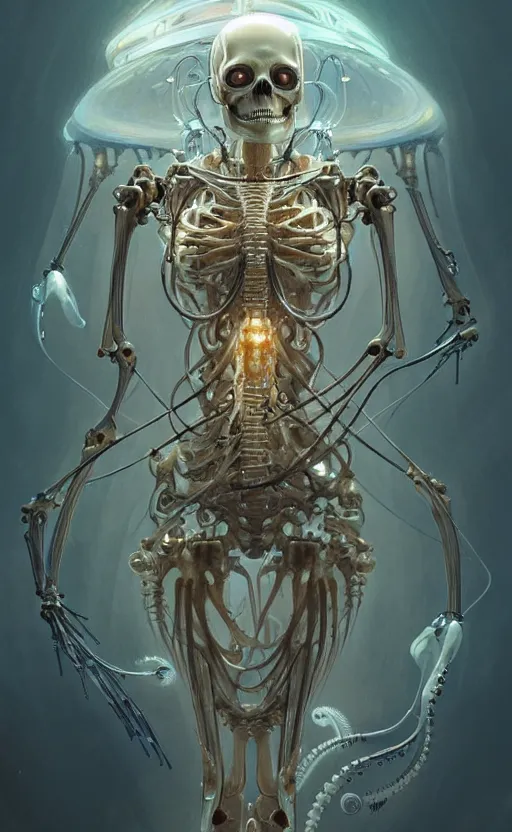 Prompt: Cyborg biomechanical jellyfish skeleton, sci-fi, highly detailed, digital painting, artstation, concept art, smooth, sharp focus, illustration, art by artgerm and greg rutkowski and alphonse mucha