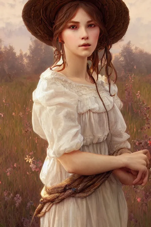 Image similar to beautiful cottagecore young peasant maiden, innocent, intricate, elegant, highly detailed, digital painting, artstation, concept art, smooth, sharp focus, illustration, art by artgerm and greg rutkowski and alphonse mucha
