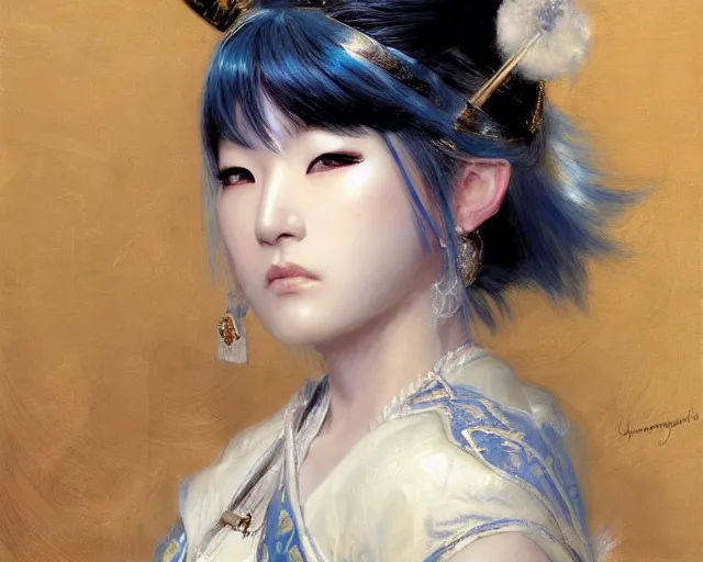 Prompt: a young japanese princess warrior lady with white hair and bangs!!!!, posing, white hair highly detailed painting by gaston bussiere, craig mullins, j. c. leyendecker 8 k