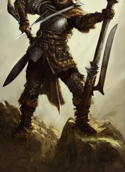 Image similar to strong young man, photorealistic bugbear ranger holding aflaming sword, black beard, dungeons and dragons, pathfinder, roleplaying game art, hunters gear, jeweled ornate leather and steel armour, concept art, character design on white background, by alan lee, norman rockwell, makoto shinkai, kim jung giu, poster art, game art