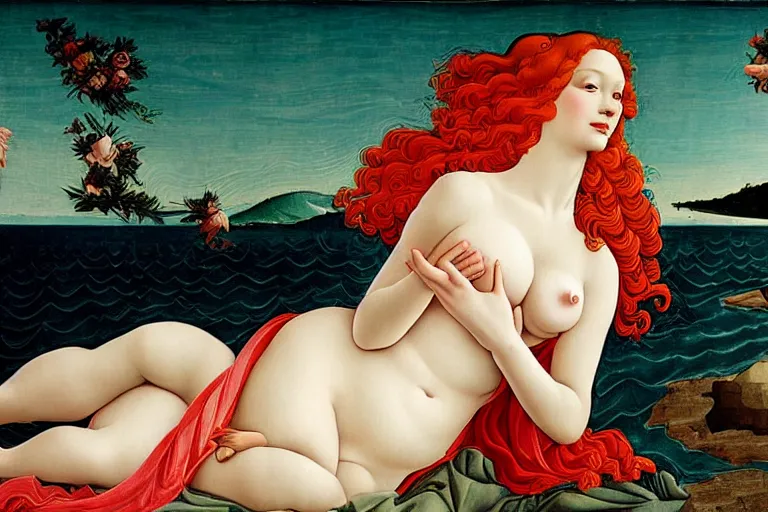 Image similar to Christina Hendricks as The Birth of Venus by Botticelli, highly detailed, trending on artstation, award winning, H 768