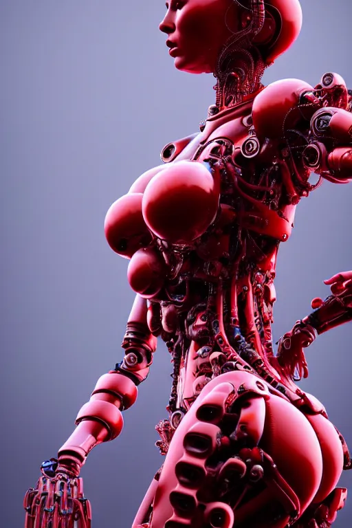 Image similar to a statue made of red marble, of an beautiful girl, full body shot, perfect body, red biomechanical, inflateble shapes, wearing epic bionic cyborg implants, masterpiece, intricate, biopunk futuristic wardrobe, vogue, highly detailed, artstation, concept art, background galaxy, cyberpunk, octane render