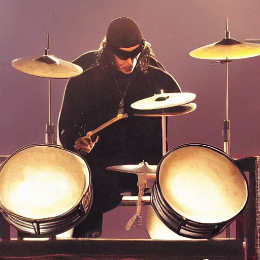 Prompt: arabian Neil Peart playing drums, highly detailed, realistic, soft lighting, wide angle